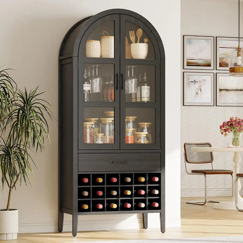 71 High Arched Wine Storage Cabinet with Bar and Shelves, Suitable for Home, Kitchen, Pantry, or Dining Area (Black)