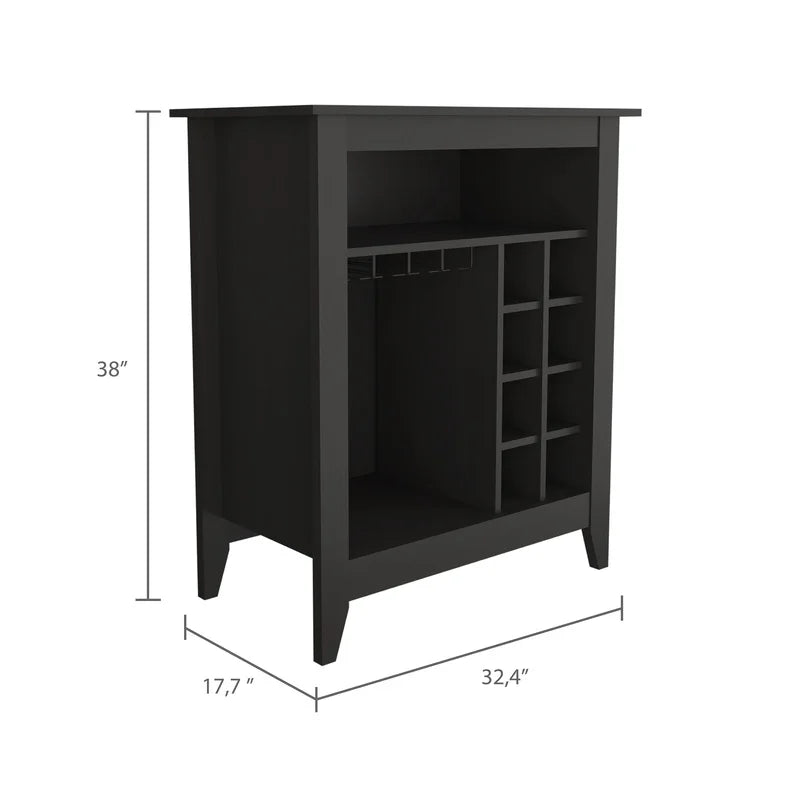Black Bar Cabinet with Open Shelf, Wine Racks, and Drawer