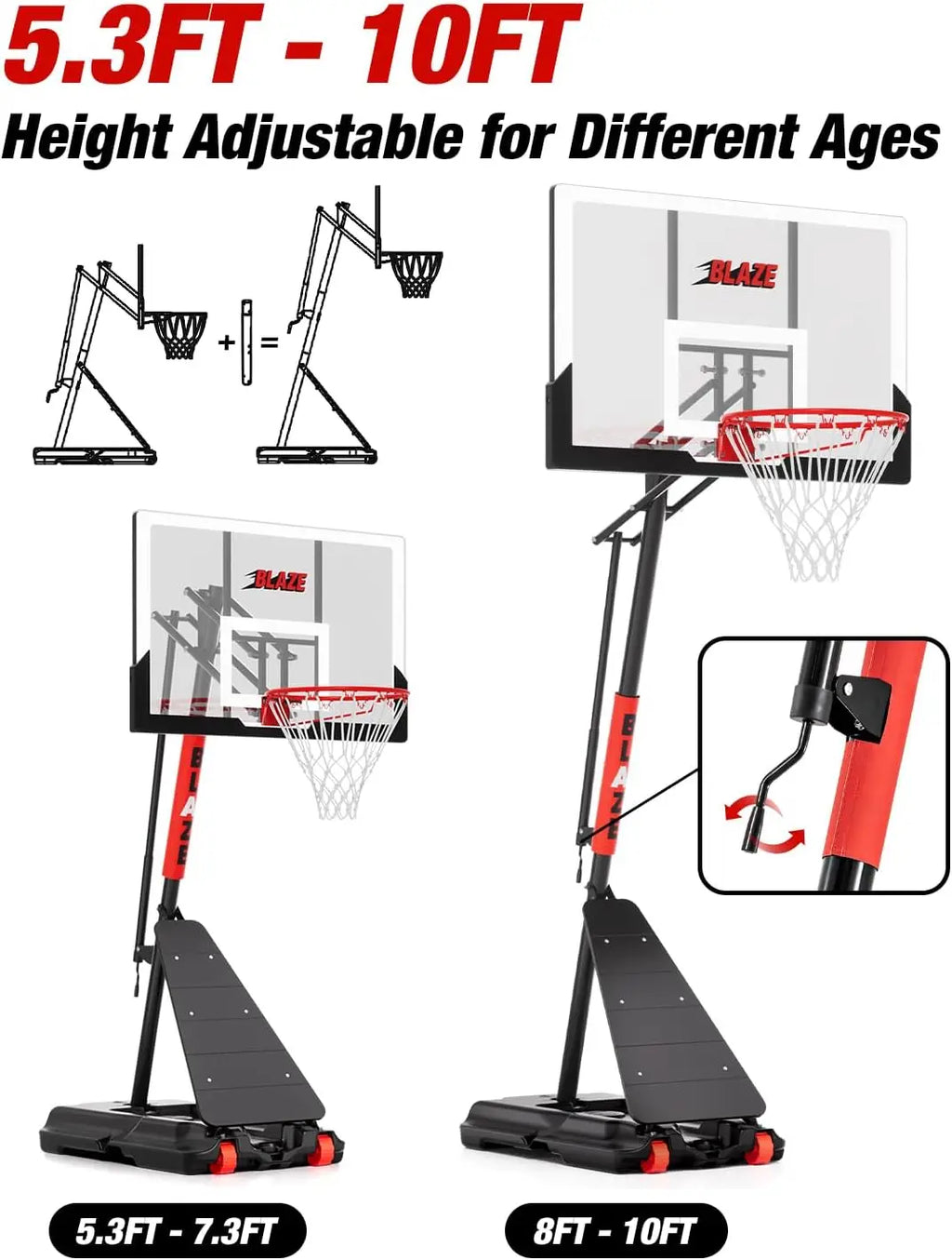 Outdoor Adjustable Basketball Hoop, 45 Inch Backboard, Black & Red, 10FT Height Portable System for Backyard & Driveway Play