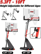 Outdoor Adjustable Basketball Hoop, 45 Inch Backboard, Black & Red, 10FT Height Portable System for Backyard & Driveway Play