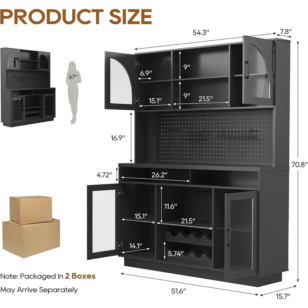 71 Tall Black Wine Bar Cabinet with Charging Station, LED Lights and Anti-Tip Feature for Home Dining or Living Area
