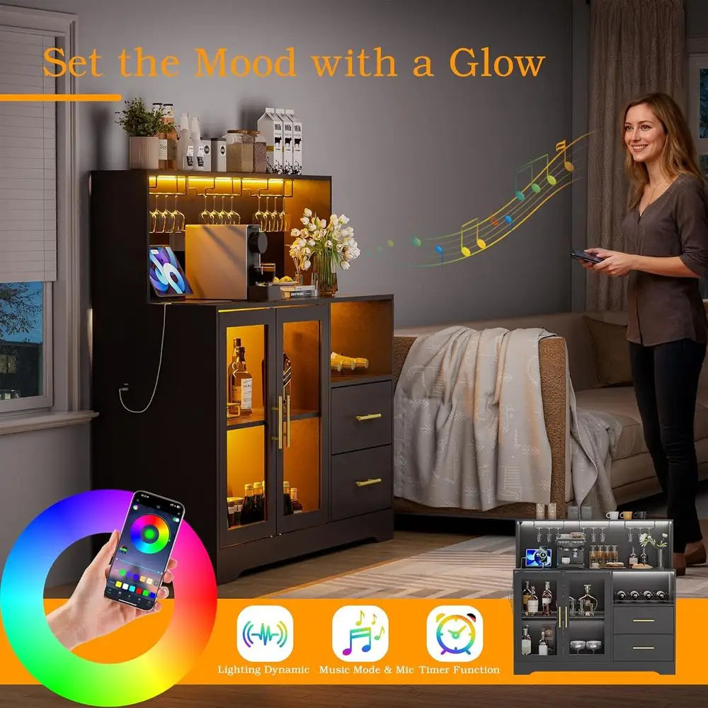 All-in-One Black Home Bar Cabinet with RGB LED Lighting, Wine & Coffee Storage, Racks, and Charging Station