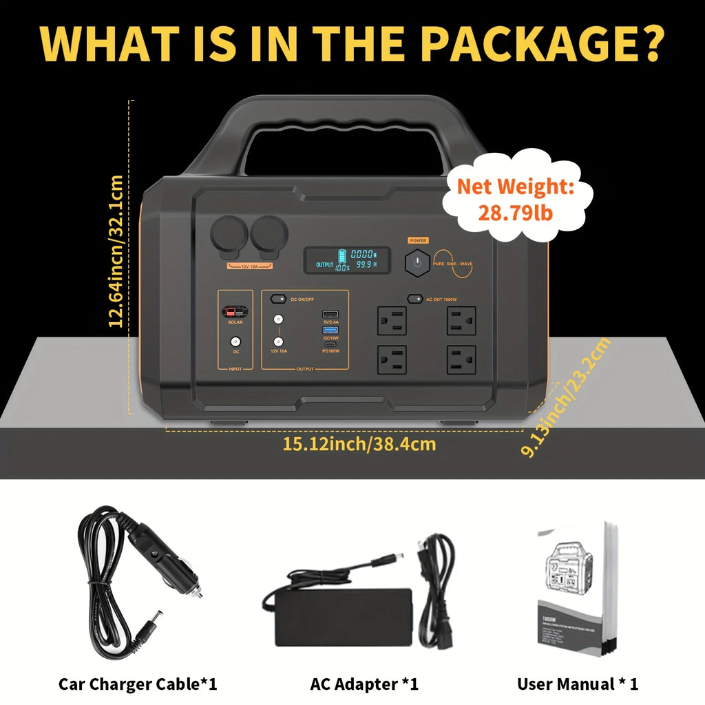 1075Wh/1000W (Peak 2000W) Portable Power Station, 1075Wh LiFePO4 Battery, Fast Charging, Solar Generator(Excluding Solar
