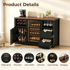 53 Inch Coffee Bar Sideboard with Built-in Fridge Nook, Fluted Wood Liquor Storage Cabinet Equipped with Wine Rack & Storage Drawer, Freestanding Buffet Cabinet for Household Living Space, Dimensions 20D x 53.1W x 39.4H Black