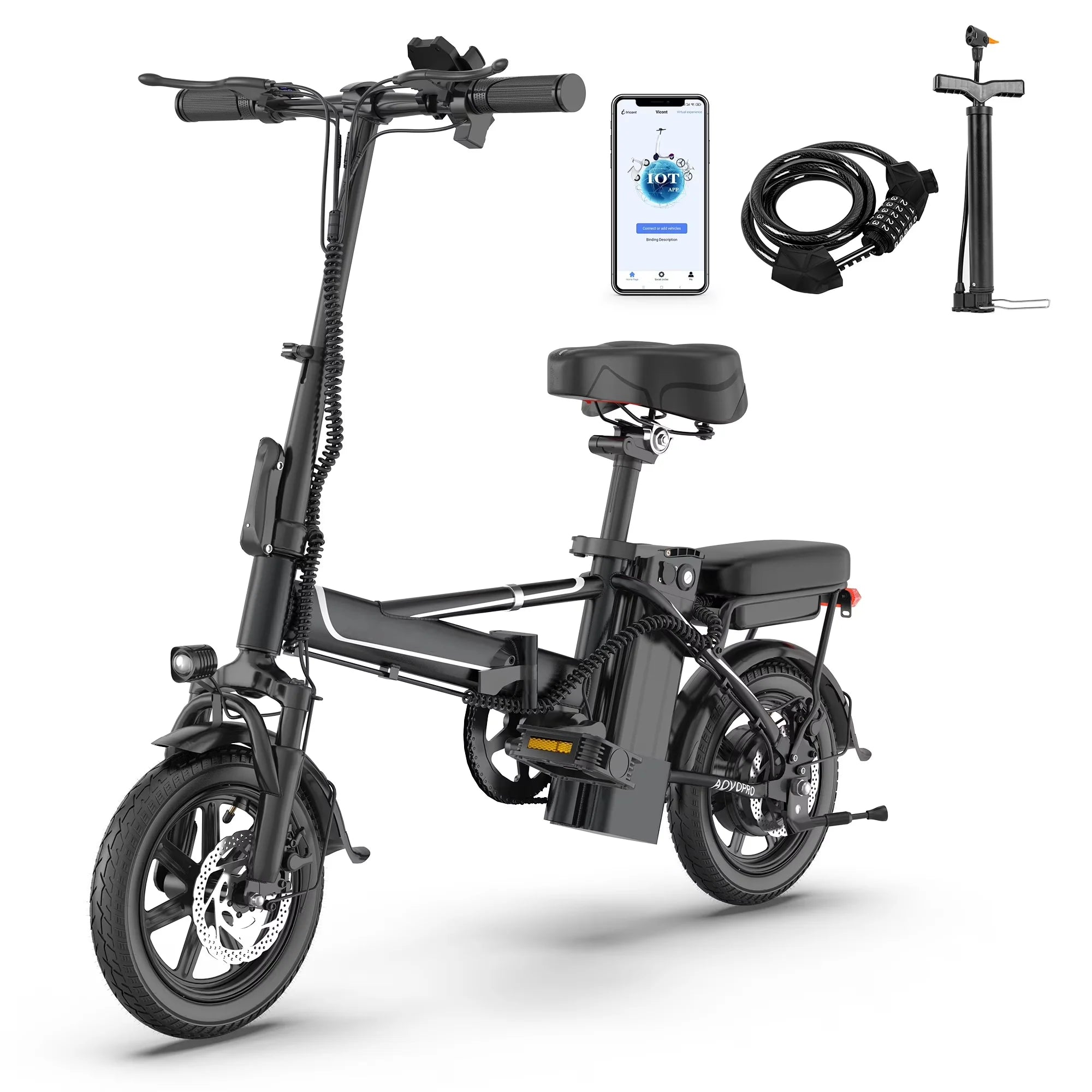 Black Foldable Ebike 500W 48V 10.4AH Electric Bicycle 22MPH Max Speed 28Miles Long Range with Two Seats for Adult