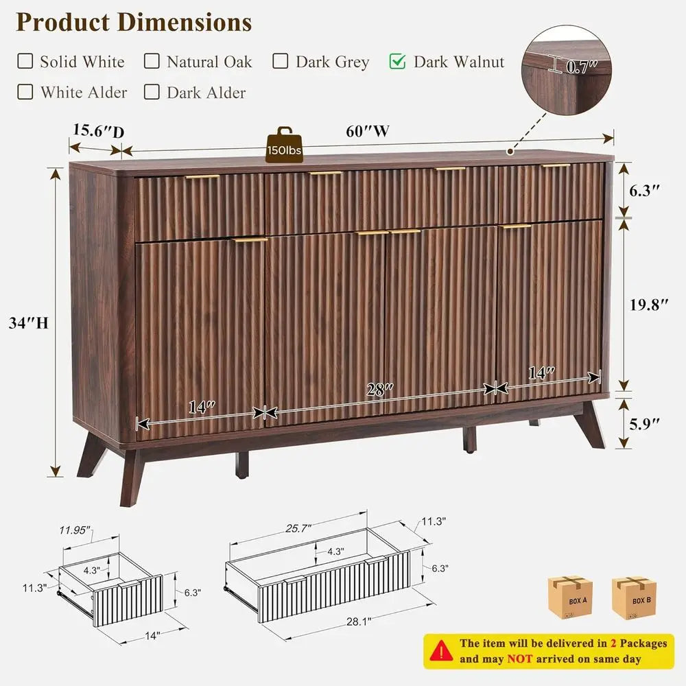 luted Buet Sideboard Cabinet with Storages, 60" Large ern Buet Table Coee Bar Wine Bar Storage Cabinet with 3 Ders & 4 Door Dini