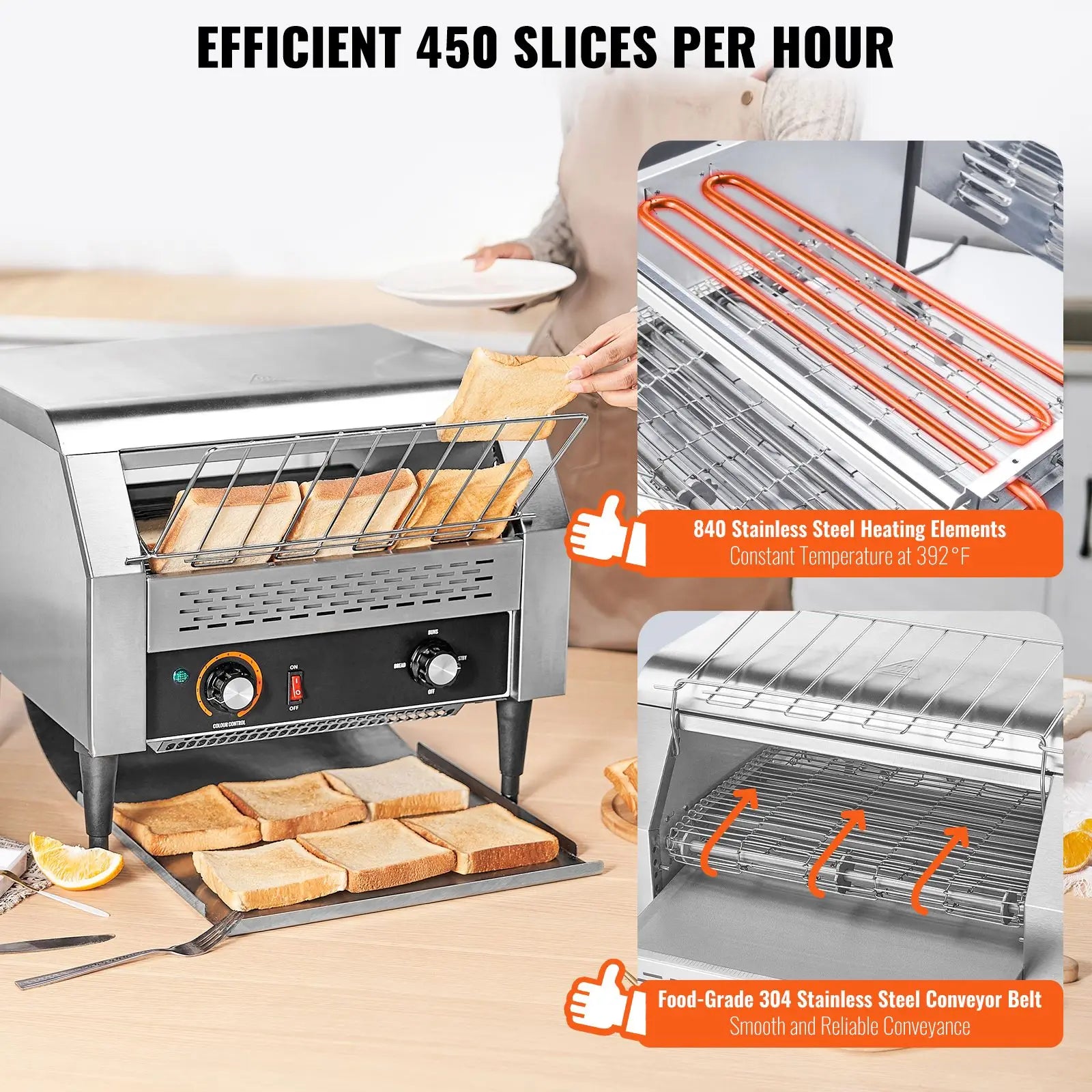 Commercial Conveyor Toaster, 450 Slices/Hour Conveyor Belt Toaster, Heavy Duty Stainless Steel Commercial Toaster Oven, Electric Restaurant Commercial Toaster for Toast Bun, Bagel, Bread