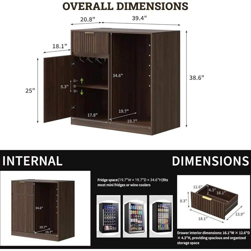 Compact Ridge Cabinet with Outlet, Coffee Bar Cabinet with Ridge and Wine Rack, Lattice Sideboard with Drawer and Adjustable She