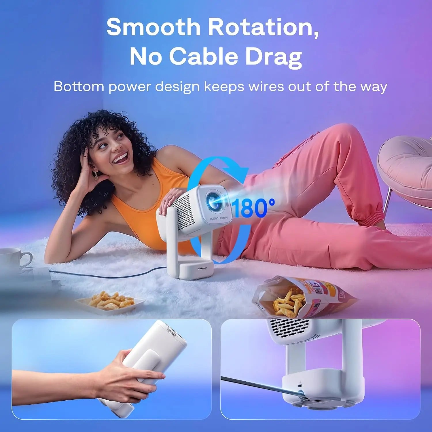 Portable Roku TV Smart Projector, Native 1080P, Dolby Audio, WiFi & Bluetooth, USB-C Powered, Auto Focus & Keystone, for Home & Outdoor Movies