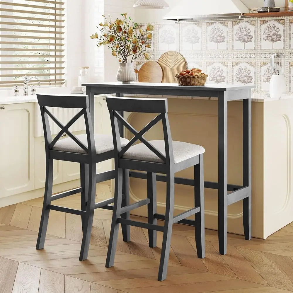 Gray 3-Piece Wooden High-Top Pub Table and Chairs Set for Breakfast Nook