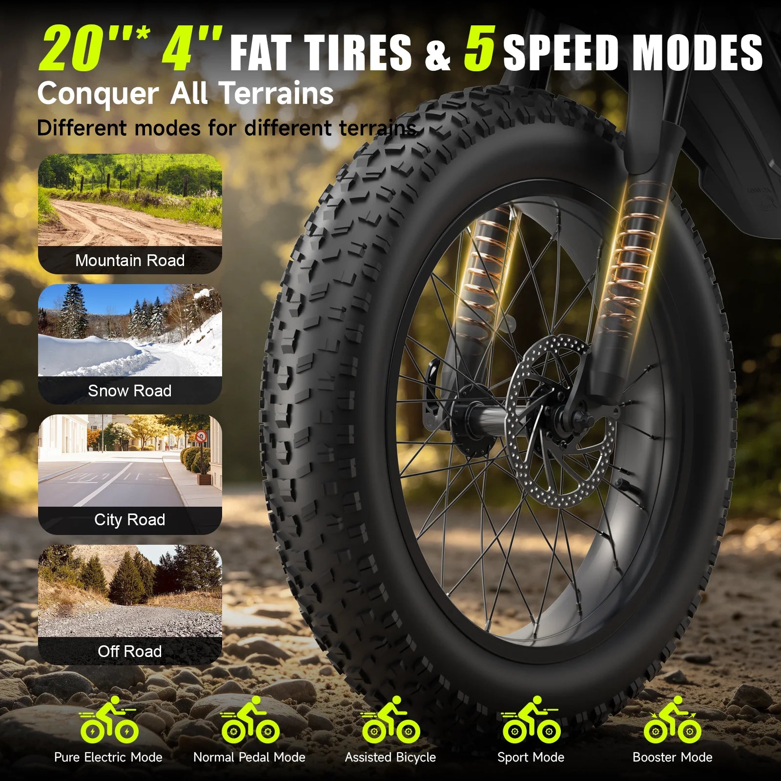 1500W Mountain Ebike 48V 15Ah Lithium Battery 31MPH Max Speed 65Miles Long Range Adult Off Road Electric Mountain Bike 20 inch