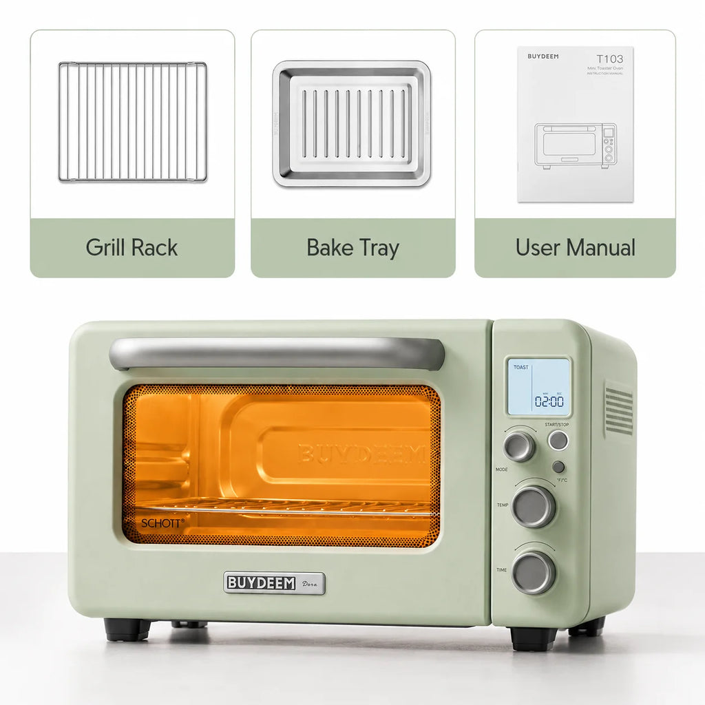 BUYDEEM T103 12QT Countertop Toaster Oven, Retro Mini Oven with 7 Cooking Modes, No Preheat Carbon Fiber Heating, LCD Temperature Control, Bake Broil Toast Bagel Pizza Reheat, Grill Rack Baking Tray
