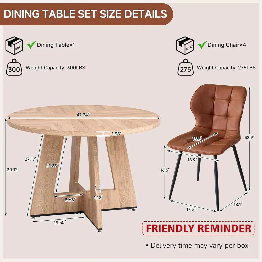 47 Round Dining Table with 4 Brown Upholstered Chairs - Modern Kitchen & Living Room Set