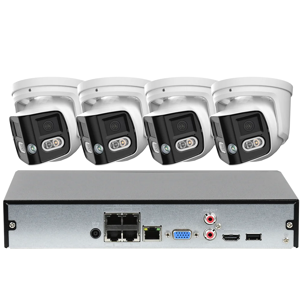4CH 4K Outdoor Video Security IP POE Camera System 180° Dual Lens Smart Human Vehicle Detect 2 Way Talk Sound Light Alarm IVS