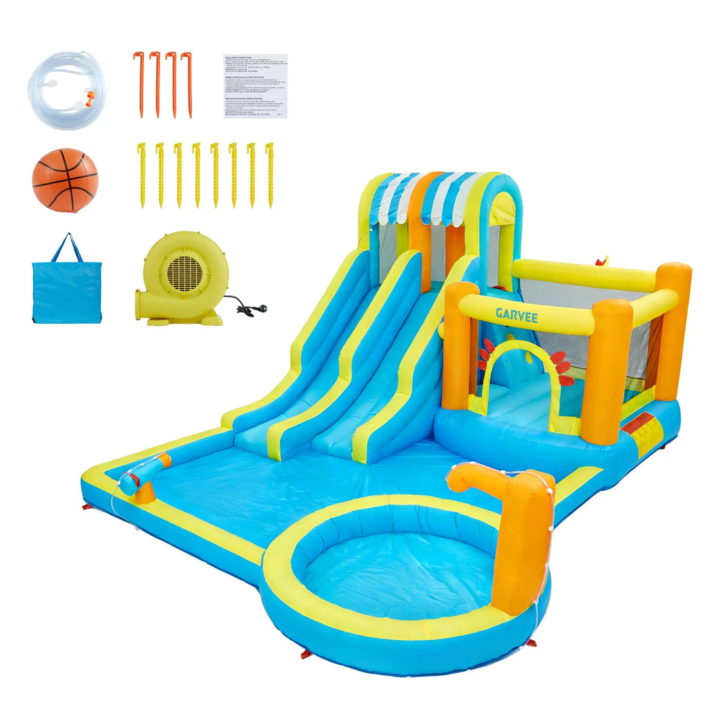 16ft Inflatable Water Slide Park for Kids, Heavy Duty Blow Up Water Bounce House, Backyard Inflatable Water Play Center with 620W Blower, Water Hose Kit, Ground Stakes & Storage Bag