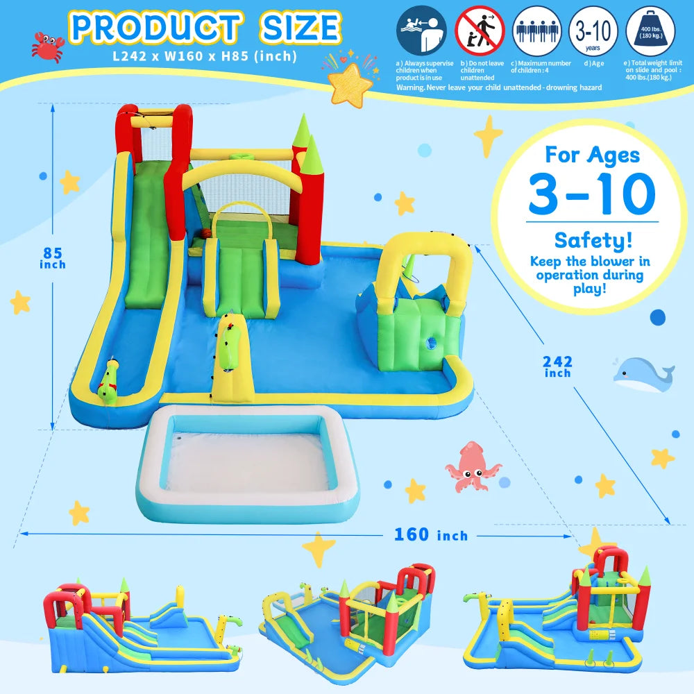 11 in1 Inflatable Slide Water Park Dry and Wet Slides Large Pool Water Gun Trampoline Climbing Wall Basketball Hoop and Ring Toss Game Outdoor Indoor Backyard Party Bounce Castle for Kids