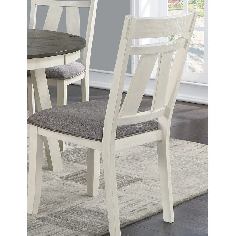 5pc Round Dining Set with Gray Fabric Cushion Chairs, White Wooden Table Top, Modern Minimalist Design