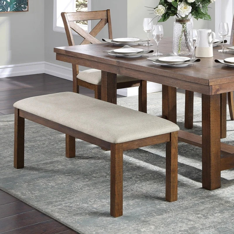 Brown Finish Rectangular Dining Table Set with Beige Upholstered Bench and Chairs, Transitional Kitchen Furniture