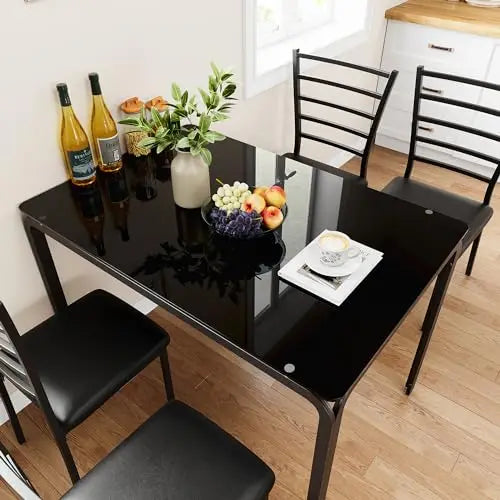 Modern Black Glass Dining Table With Four Matching Chairs, Compact Rectangle Set For Kitchen Or Breakfast Nook