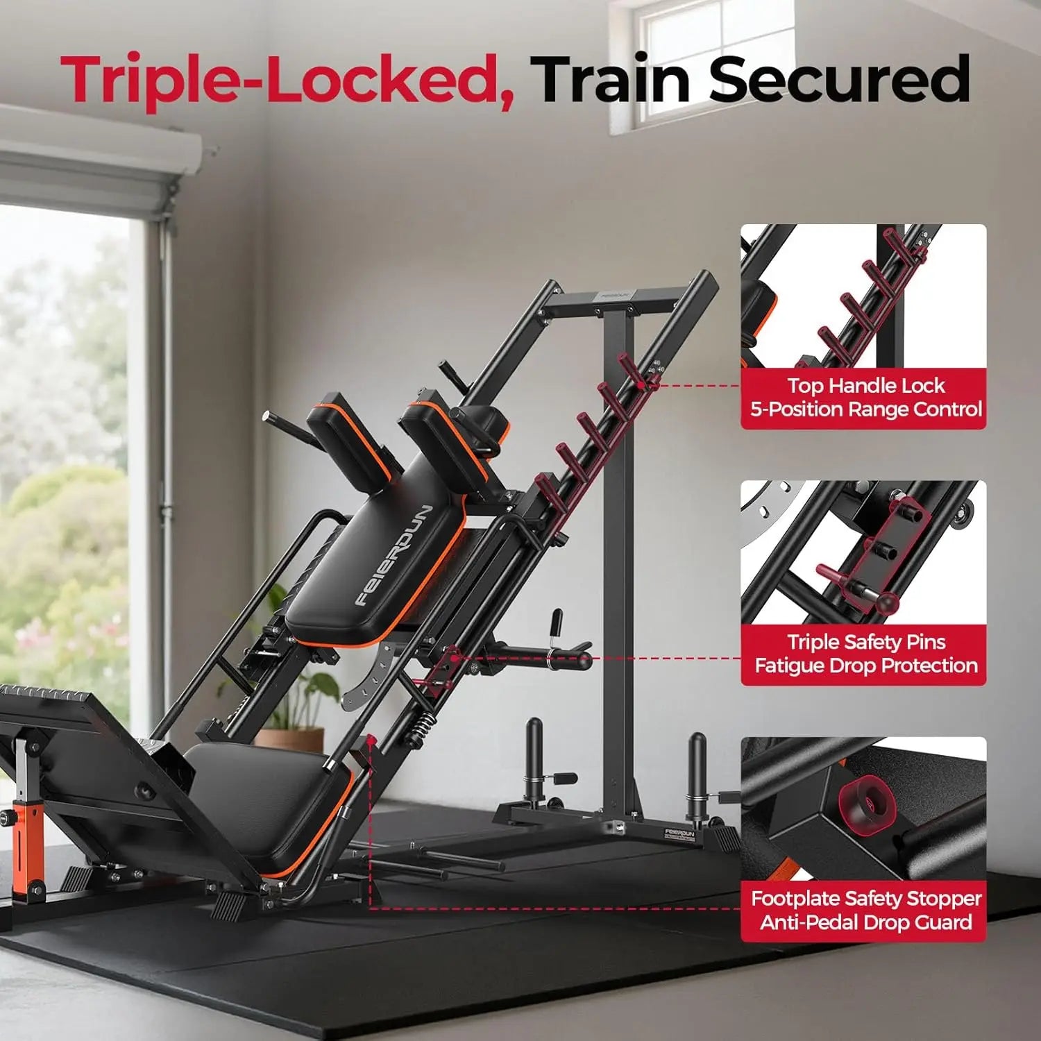 FEIERDUN 3‑in‑1 Leg Press Hack Squat Machine with Ultra-Quiet Pulley System –Adjustable Leg Press Machine for Home Gym