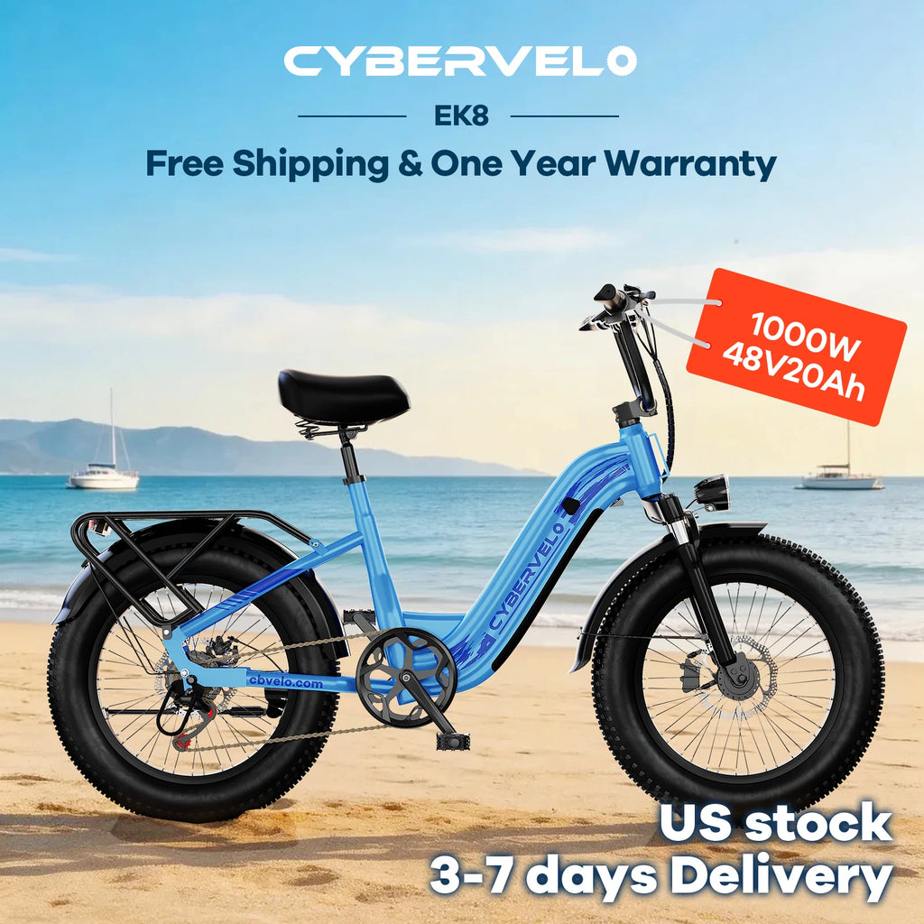 1000W Peak Step-Through Electric Bike for Adults, 20 Inch Fat Tire Commuter Ebike, 48V 20Ah Removable Battery 7-Speed Gear System Equipped with Wider Saddle Basket & Kickstand EK8