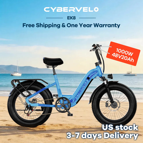 1000W Peak Step-Through Electric Bike for Adults, 20 Inch Fat Tire Commuter Ebike, 48V 20Ah Removable Battery 7-Speed Gear System Equipped with Wider Saddle Basket & Kickstand EK8