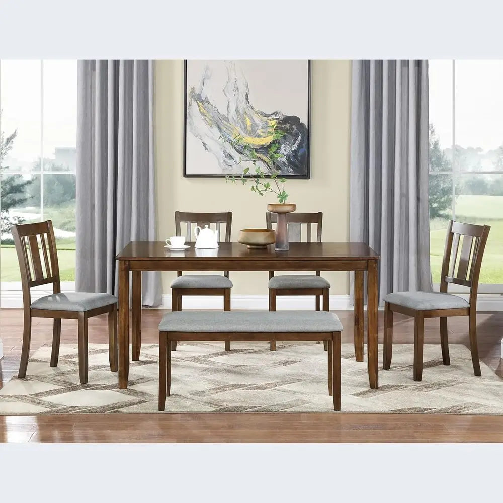 Walnut 6-Piece Solid Wood Dining Set with 1 Table, 4 Chairs, and 1 Bench