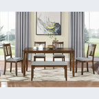 Walnut 6-Piece Solid Wood Dining Set with 1 Table, 4 Chairs, and 1 Bench