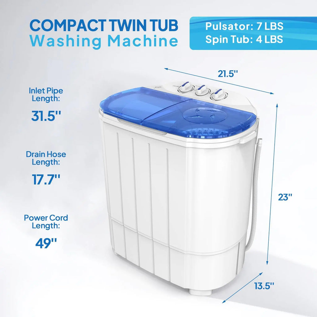 Portable Washing Machine - Compact Twin Tub Mini Washer & Spin Dryer Combo with Built-in Gravity Drain, 110V Electric Laundry Machine for Apartments, Dorms, RV, Camping - Energy Efficient, Quiet, Space Saving, No Installation