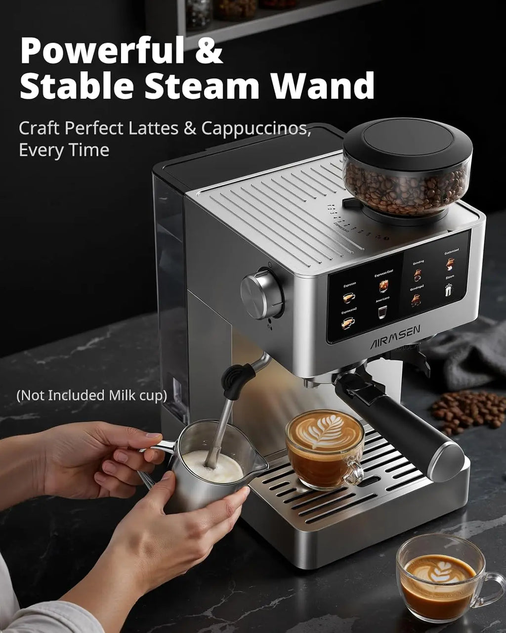 20 Bar Espresso Machine with Burr Grinder & Milk Frother, Stainless Steel, Home Coffee Maker for Cappuccino, Latte, Cold Brew, Americano