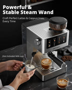 20 Bar Espresso Machine with Burr Grinder & Milk Frother, Stainless Steel, Home Coffee Maker for Cappuccino, Latte, Cold Brew, Americano
