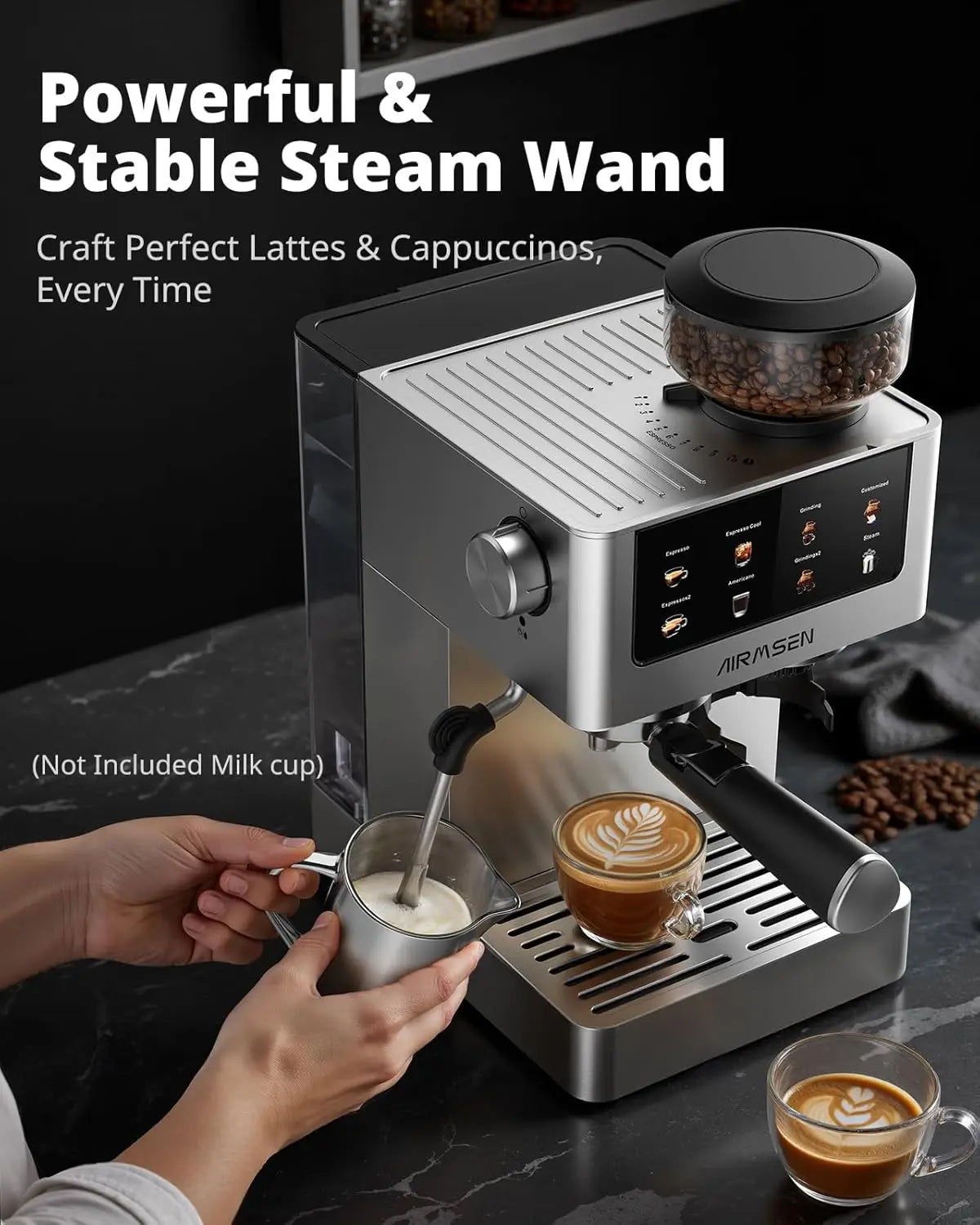 20 Bar Espresso Machine with Burr Grinder & Milk Frother, Stainless Steel, Home Coffee Maker for Cappuccino, Latte, Cold Brew, Americano