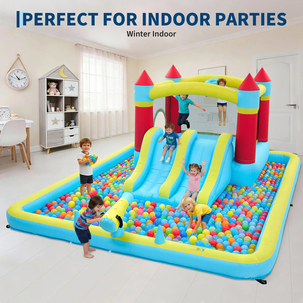 14FT Inflatable Bounce House Jump House For Kids With Slide, 350W Blower, 7-in-1 Indoor Outdoor Water Park Splash Pool