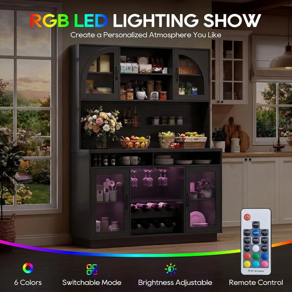71 Tall Black Wine Bar Cabinet with Charging Station, LED Lights and Anti-Tip Feature for Home Dining or Living Area