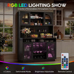 71 Tall Black Wine Bar Cabinet with Charging Station, LED Lights and Anti-Tip Feature for Home Dining or Living Area