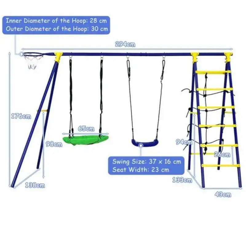 5-In-1 Outdoor Kids Swing Set with A-Shaped Metal Frame and Ground Stake