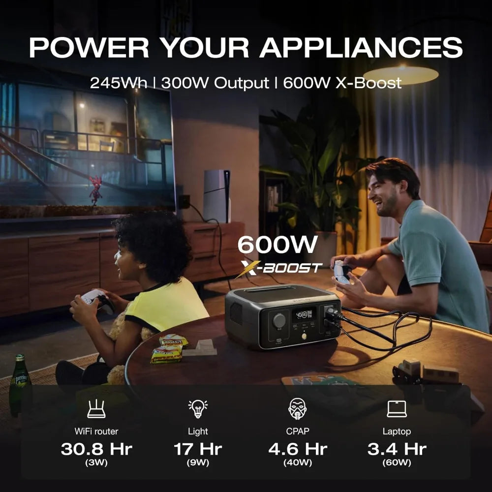 245Wh Portable Power Station, 1Hr Fast Charge, 300W/600W Surge, Solar Generator for Camping, RV, Home Backup
