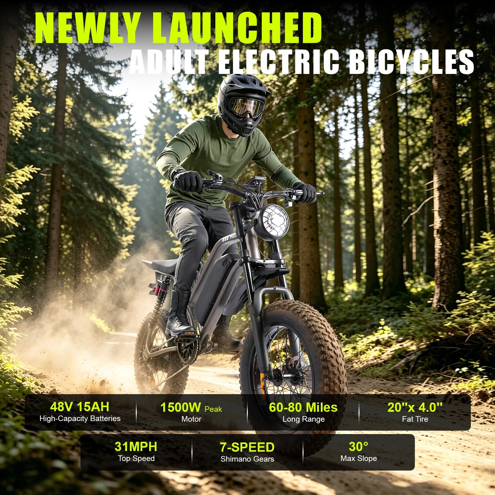 1500W Mountain Ebike 48V 15Ah Lithium Battery 31MPH Max Speed 65Miles Long Range Adult Off Road Electric Mountain Bike 20 inch