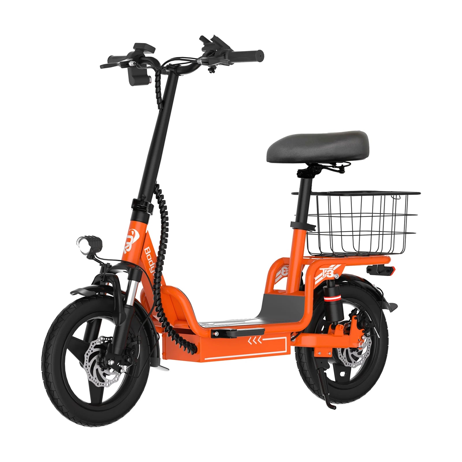 Bodywel T3 Folding Ebike - 48V 10Ah Electric Bike with Seat, 14 Inch Portable Escooter with rack & Rear Basket for Adults Urban