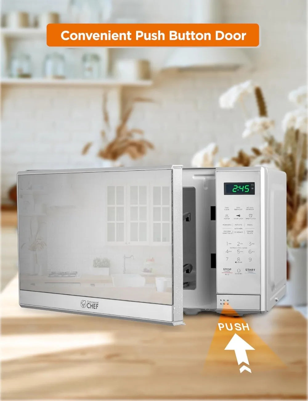 0.7 Cu Ft Countertop Microwave Oven, 700W with Digital LED Touch Controls, 10 Power Levels, Push Button Door, Stainless Steel