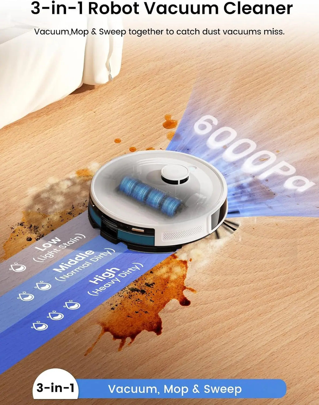 Robot Vacuum and Mop with 75-Day Self-Emptying, 6000Pa Suction, LiDAR Mapping, 140 Min Runtime for Carpet, WiFi/APP/Alexa