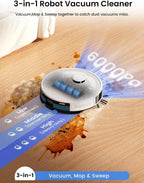 Robot Vacuum and Mop with 75-Day Self-Emptying, 6000Pa Suction, LiDAR Mapping, 140 Min Runtime for Carpet, WiFi/APP/Alexa
