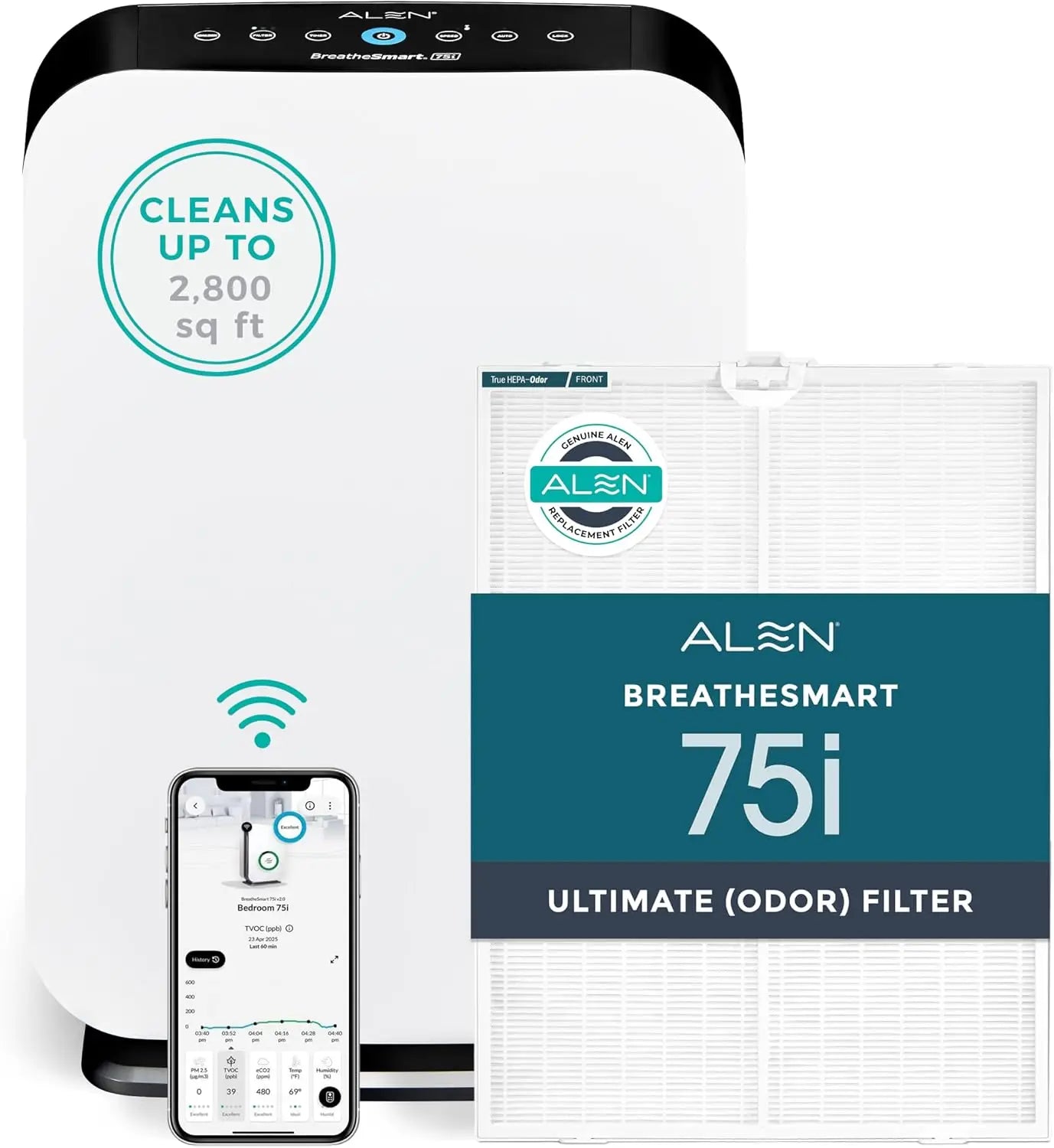 Alen Air Purifier BreatheSmart 75i HEPA with Odor Filter for Large Rooms up to 2800 Sq. Ft. - Perfect for Living Room & Kitchen - Captures Dust + Pet Dander & Household Odors - White