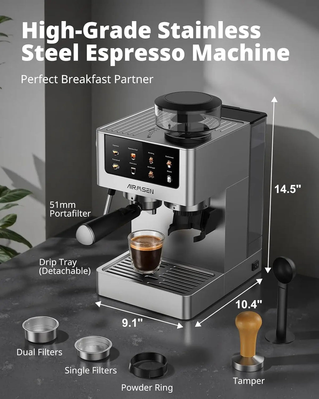 20 Bar Espresso Machine with Burr Grinder & Milk Frother, Stainless Steel, Home Coffee Maker for Cappuccino, Latte, Cold Brew, Americano
