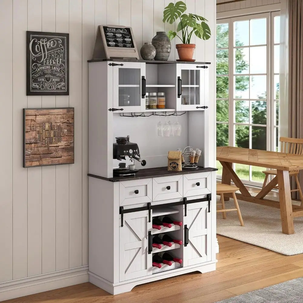 Sliding Door Pantry Cabinet with Drawers & Wine Rack, Rustic Buffet for Kitchen, White and Black