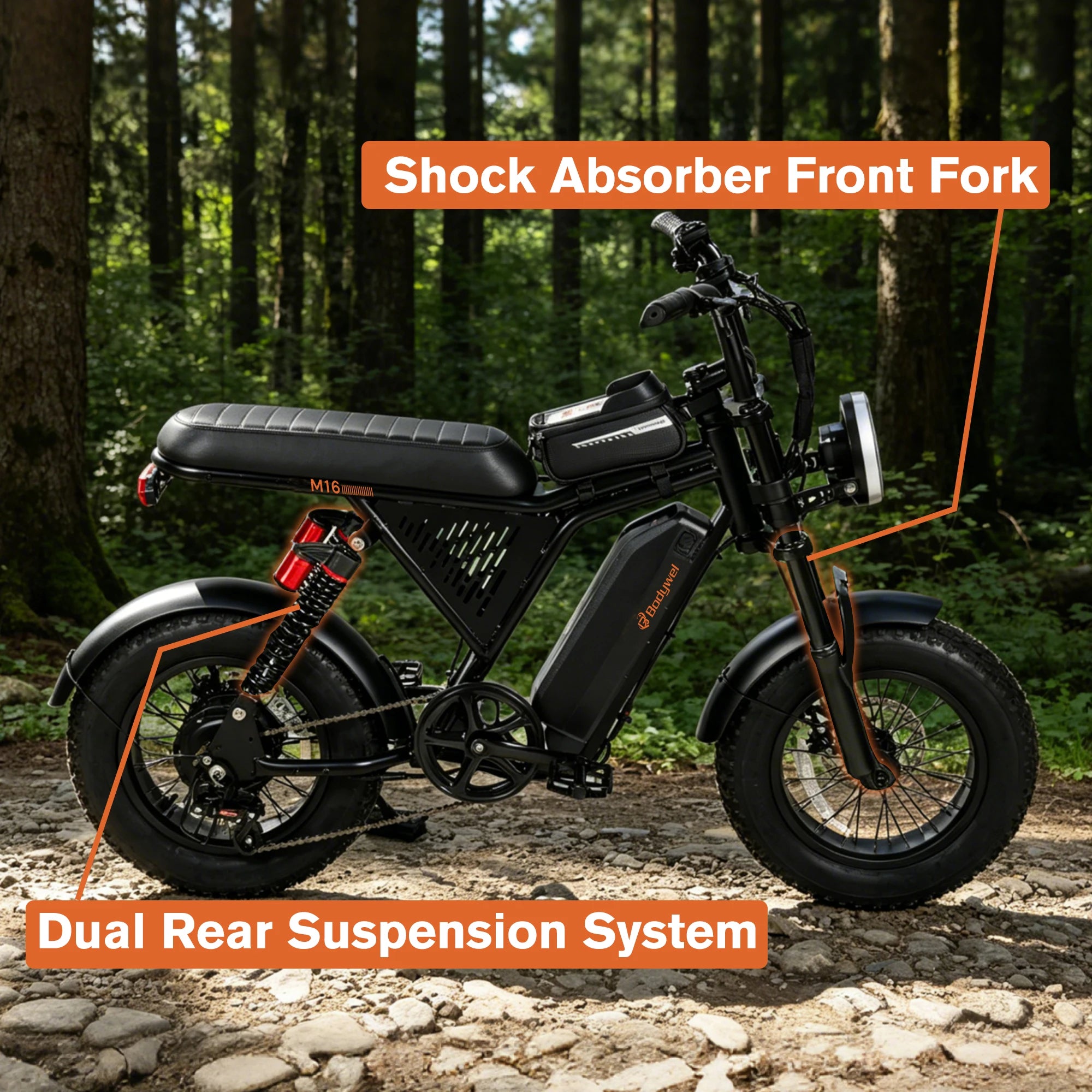 Bodywel M16 Off Road E Bike Adult Electric Bicycle 1500w 48V 15.6ah Mountain Electric Bike 16 Inch Fat Tire Outdoor Entertainmen
