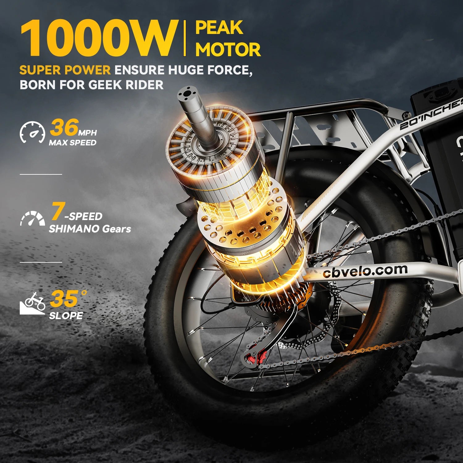Cybervelo 1000W High-Speed Brushless Electric Bike 20 Inch Fat Tire Folding Design for Adults 48V Removable Battery up to 80 Miles Range Commuter E-Bicycle EK4