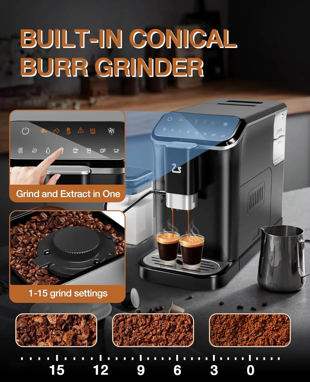 Fully Automatic Espresso Machine, Touchscreen Coffee Maker w/Built-in Grinder, Auto Milk Frother for Latte Cappuccino, 1.5L Water Tank & Dual Boiler Heating, Black/Silver 120V 1350W