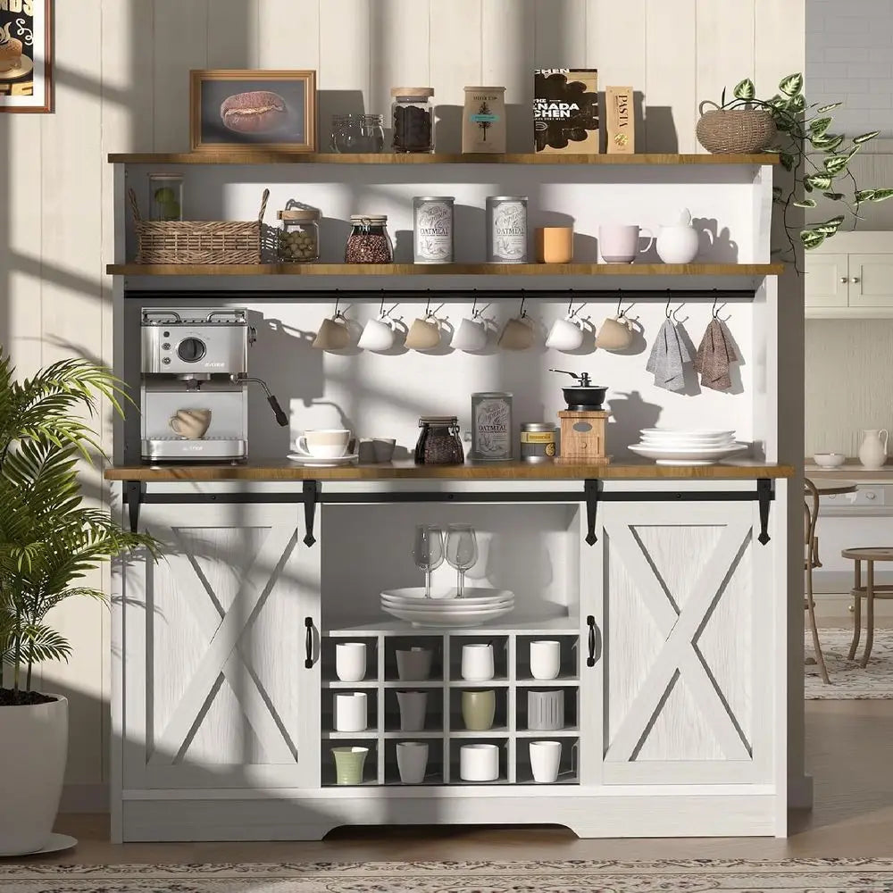 55 Large Home Coffee Bar Cabinet with 3-Tier Storage, Sliding Barn Door, 12 Wine Racks & 9 Hooks for Kitchen, Dining, Living Roo
