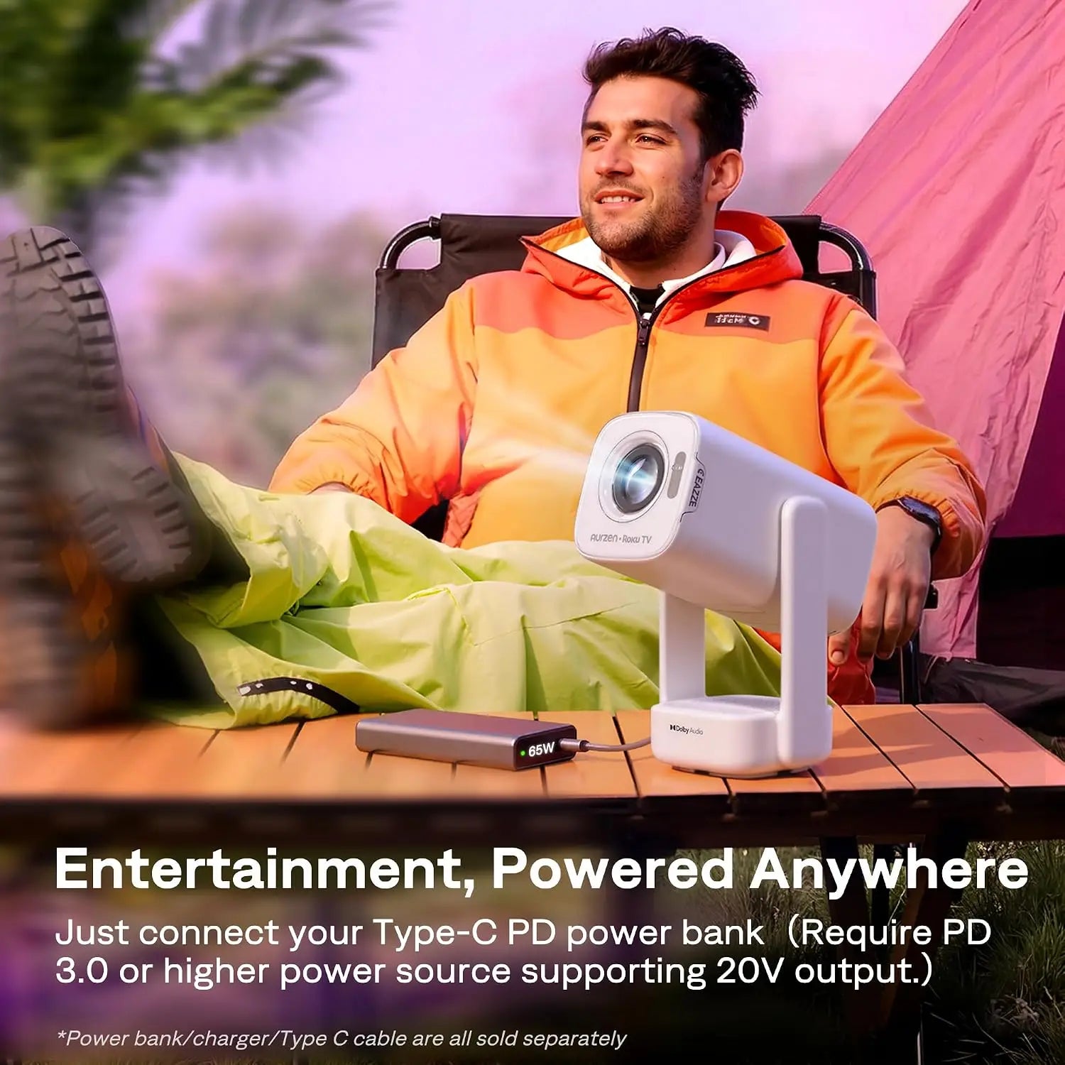 Portable Roku TV Smart Projector, Native 1080P, Dolby Audio, WiFi & Bluetooth, USB-C Powered, Auto Focus & Keystone, for Home & Outdoor Movies